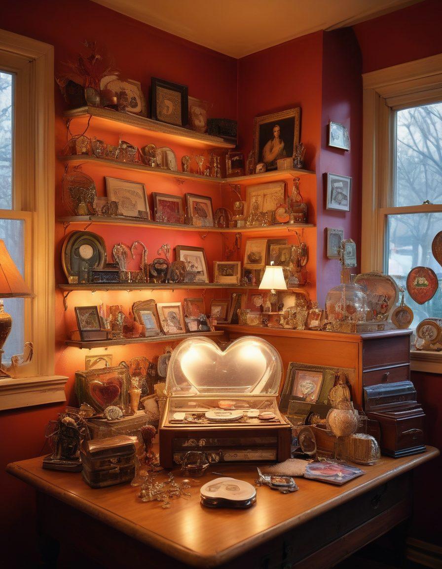 A whimsical, cozy vintage shop filled with eclectic pawned treasures, where a couple flirts amidst charming artifacts like antique jewelry and retro vinyl records. Soft warm lighting creates an inviting ambiance while flirty glances and laughter fill the air. Include elements of romance like a heart-shaped locket and playful gestures. romantic style. vibrant colors. warm glow.