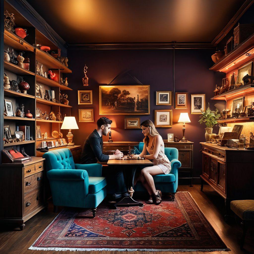 A romantic scene inside a dimly lit pawn shop, showcasing an intimate ambiance with plush, cozy furniture and soft, warm lighting. In the foreground, a couple in a playful, seductive pose is surrounded by unique vintage items, with a hint of exotic decor. Subtly integrate playful symbols of intimacy, like a pair of intertwined hearts or subtle nods to kink, without being explicit. The background features shelves lined with eclectic treasures creating a sense of discovery and allure. vibrant colors, 3D, intimate atmosphere.