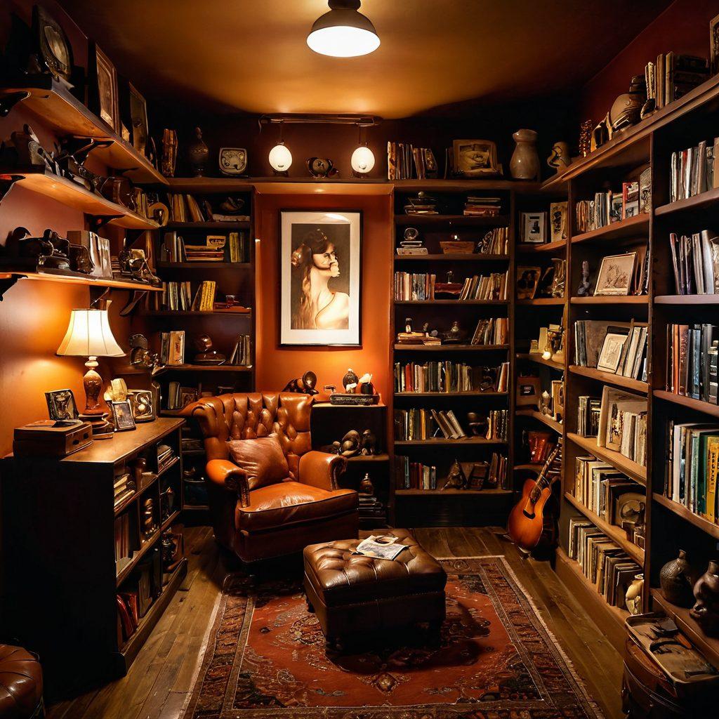An inviting pawn shop interior filled with an eclectic mix of vintage adult toys and playful decor. Soft lighting casts a warm glow, highlighting the sensual atmosphere. Shelves adorned with curious items create a sense of discovery, while subtle hints of desire are woven throughout the space. A cozy reading nook featuring suggestive books sits in the corner. The scene evokes intrigue and exploration. super-realistic. warm colors. intimate ambiance.